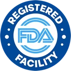 FDA-registered facility seal, a statement about the factory