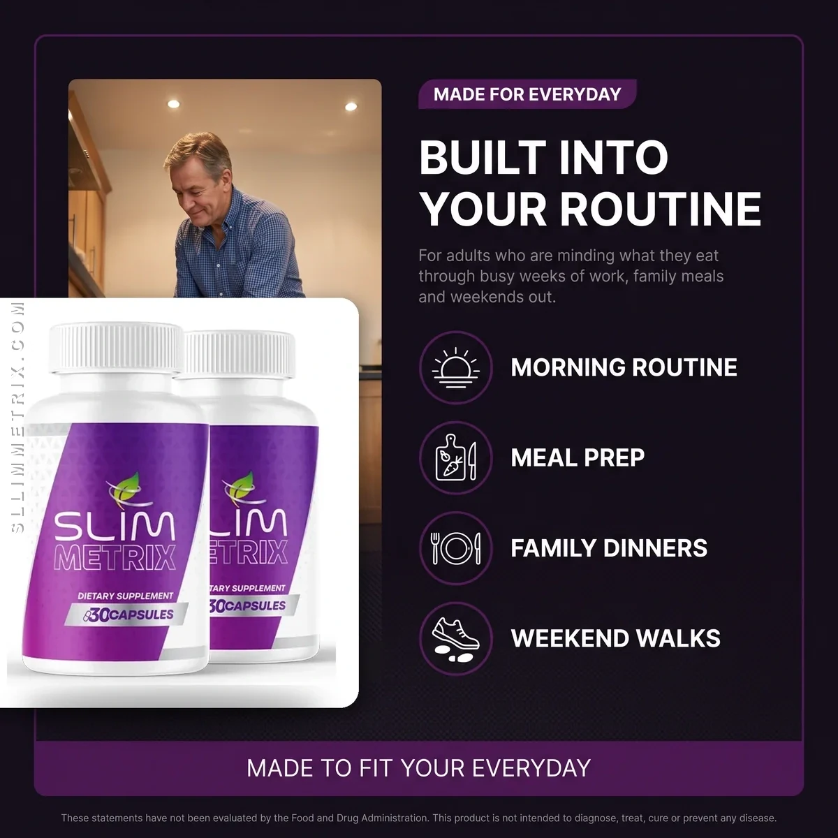 Slim Metrix everyday-use panel showing morning routine, meal prep, family dinners and weekend walks