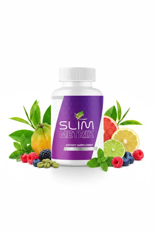 A single Slim Metrix bottle standing among green tea leaves, citrus and berries