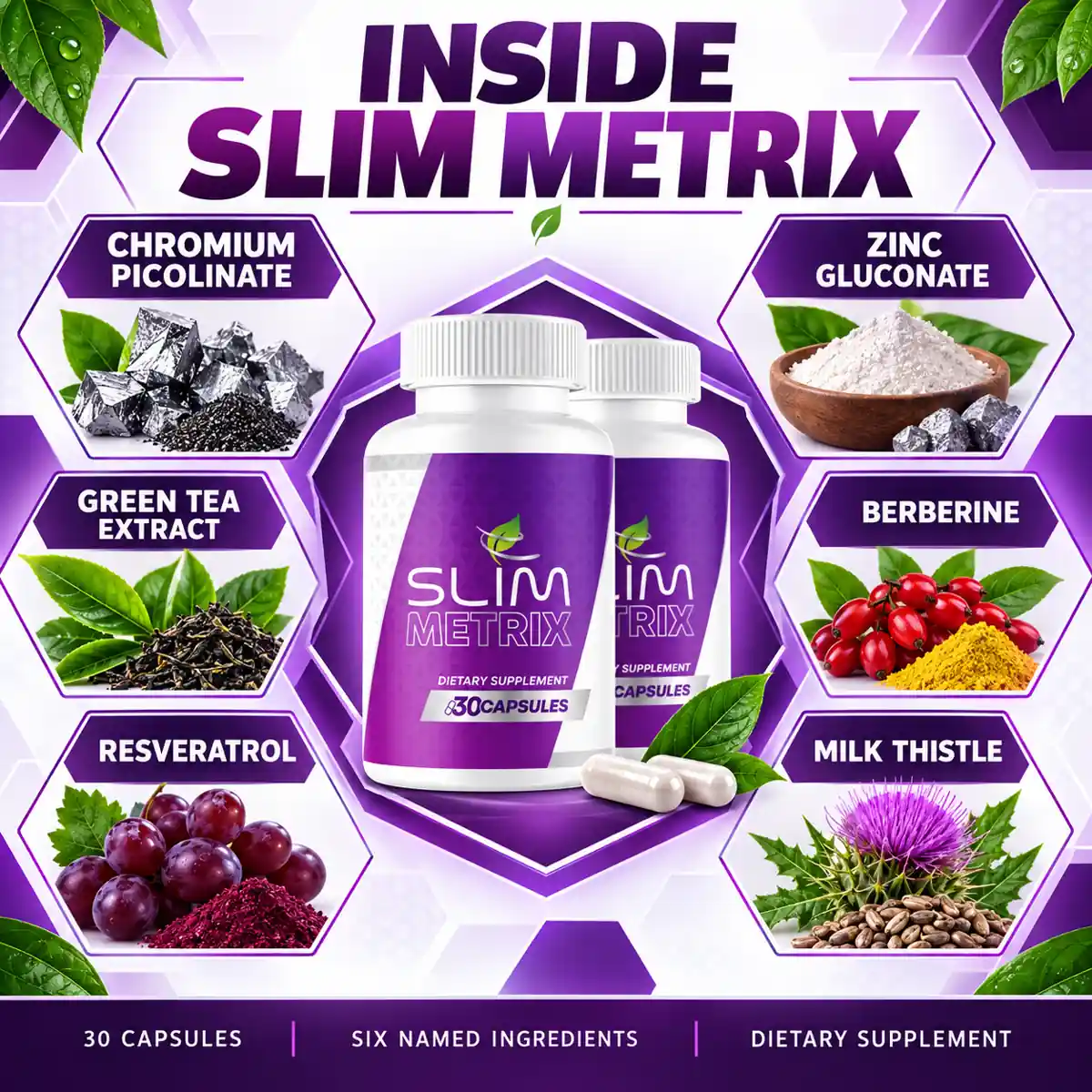 Slim Metrix ingredient graphic naming chromium picolinate, zinc gluconate, green tea extract, berberine, resveratrol and milk thistle around two bottles